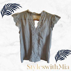 Grey Blue Blouse V-Neck with Scallop Sleeve Blouse